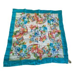 Vintage Bill Blass Silk Scarf Floral Teal Border 34” Square Baar & Beards NWT